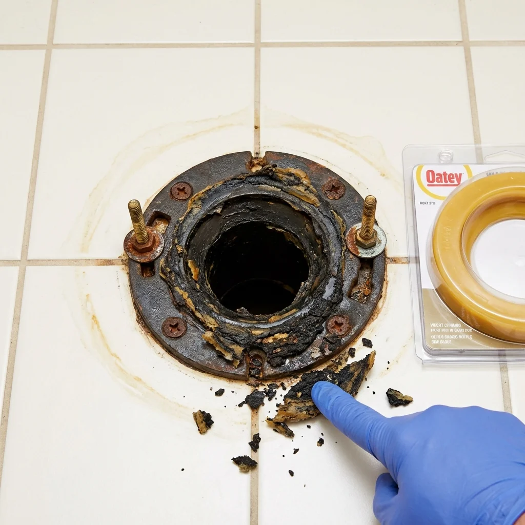 Failed wax ring showing water seepage at the base of a toilet in a Perryville, AR home