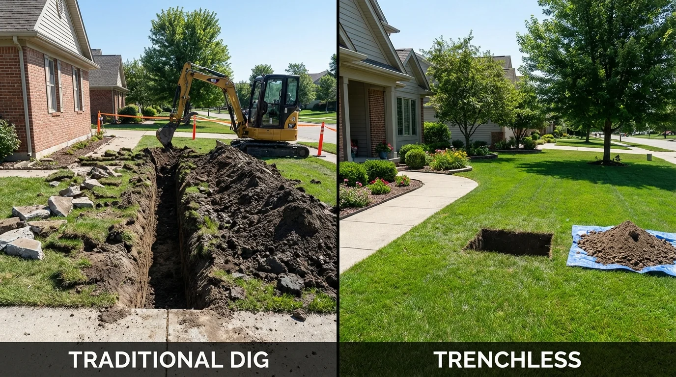 Trenchless sewer repair with minimal yard damage versus traditional excavation in Perryville, AR