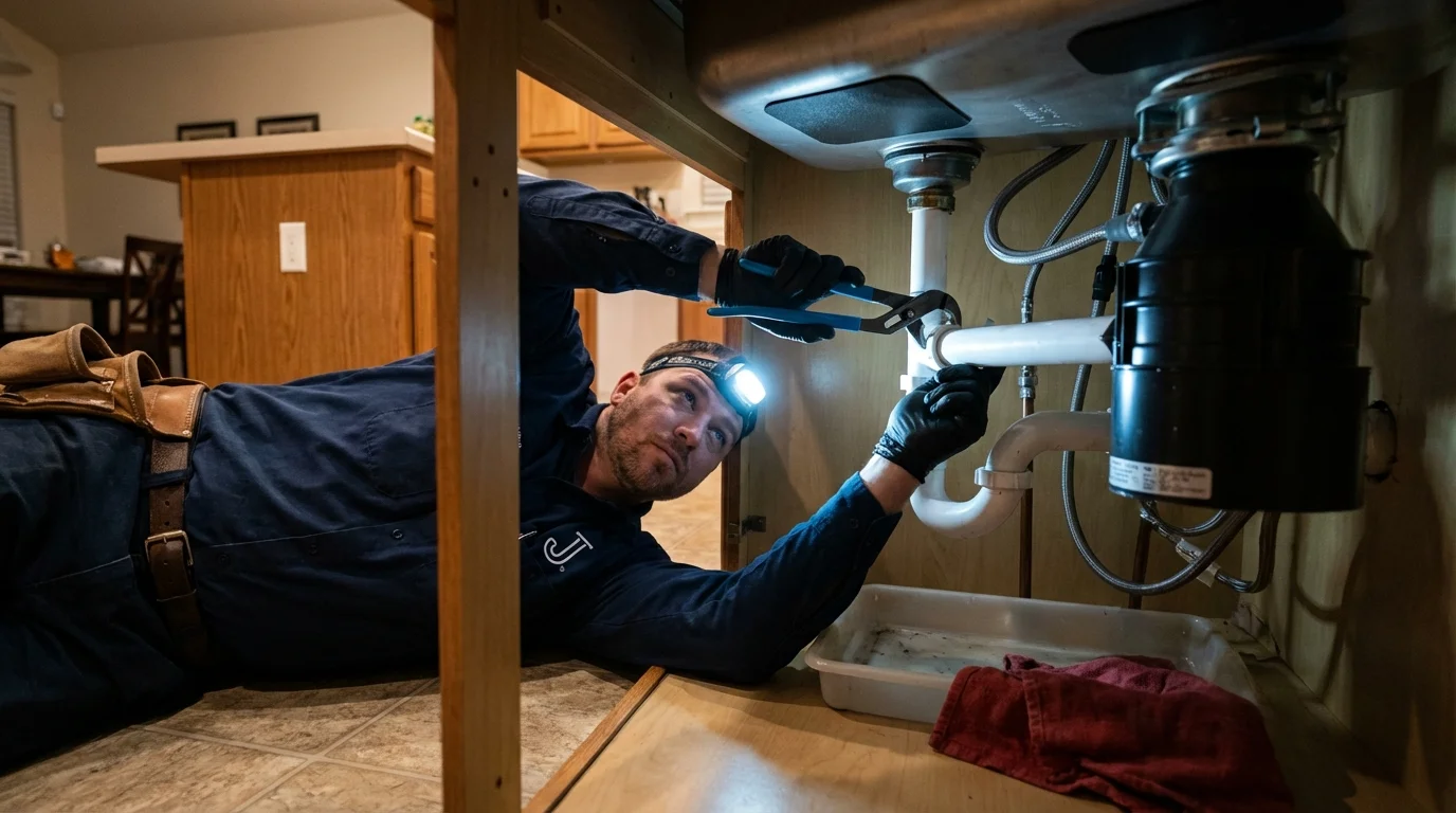 P-trap and supply line connections under a kitchen sink showing a common leak point in Perryville, AR